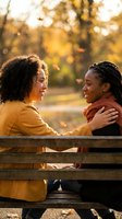 Two young African American women sharing intimate moment on park bench during golden hour autumn sunset with warm bokeh background.