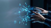 Businessman hands with glowing digital network connections and data flow visualization for technology and innovation concepts.