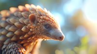 Detailed close-up of pangolin head showing overlapping scales and distinctive snout against soft blurred natural background in warm golden light. Wildlife conservation concept.