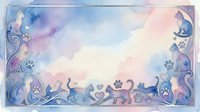 Watercolor frame border with cute cats and paw prints in soft blue and pink tones on white background for greeting cards and invitations.