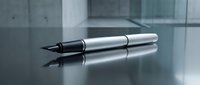Sleek silver and black calligraphy pen with fine tip on reflective surface, suitable for art, writing, design projects, and educational materials.