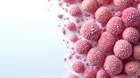 Pink spherical textured balls with bumpy surface arranged diagonally on white background, creating modern abstract composition with copy space for design projects.