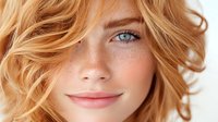 Young blonde woman with blue eyes and freckles smiling softly with tousled hair in natural light for beauty and skincare concepts.