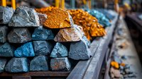 Raw industrial metal ingots stacked in rows with vibrant blue and orange tones, dramatic lighting highlights texture and metallic surface, manufacturing background.