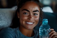 Young mixed race woman with bright smile holding water and healthy lifestyle concept for wellness and hydration.