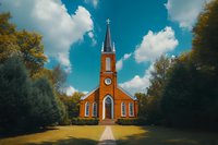 Red brick church with tall steeple and clock tower surrounded by autumn trees against bright blue sky with fluffy white clouds.