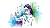 Female scientist in lab coat holding test tube with colorful watercolor chemistry background for educational and research concepts.