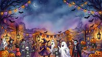Spooky outdoor celebration with costumed figures, glowing jack-o-lanterns, hanging lanterns, and festive bunting under a moonlit sky. Perfect for seasonal marketing and event promotions.
