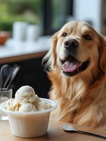 Golden retriever with mouth open sitting at table with vanilla ice cream in white bowl, perfect for pet food advertising, humor, and lifestyle content.
