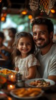 Hispanic father and young daughter in white lace dress sharing happy moment at restaurant dinner table with warm ambient lighting and festive decorations.