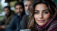 Young Mediterranean woman with wavy brown hair and natural makeup wearing burgundy knit scarf smiles warmly at camera, with blurred people in background.