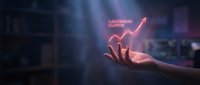Business hand holding glowing red upward arrow with leading curve text representing growth, success, and leadership in corporate environment.