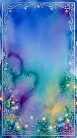 Magical watercolor gradient background with ornate silver filigree border, stars, and glowing sparkles. Dreamy blue, purple, and turquoise ombre design for invitations, cards, and posters.