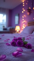 Romantic bedroom with purple roses and scattered petals on bed, warm fairy lights creating intimate atmosphere for Valentine's Day celebration.