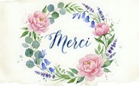 Watercolor floral wreath with peonies, lavender, and bluebells framing the French word Merci in elegant calligraphy script.