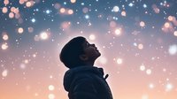 Young African American man in hoodie gazing upward at magical glowing bokeh lights against sunset sky, profile silhouette capturing wonder and dreams in atmospheric scene.