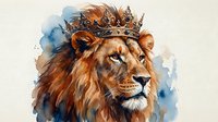 Majestic lion wearing ornate golden crown with watercolor splashes on white background, isolated wildlife art for royal themed designs and decor.
