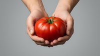 Male hands holding fresh red ripe tomato against neutral background. Suitable for organic produce, healthy eating, farming, agriculture, and food marketing campaigns.