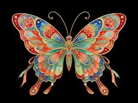Ornate butterfly with intricate patterns in vibrant red, blue, green, and gold tones, isolated on transparent background. Ready for t-shirts, clipart, stickers, sublimation, and print-on-demand designs.