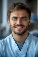Smiling young Caucasian male doctor in blue medical scrubs at hospital. Healthcare professional portrait for medical marketing and clinic branding materials.
