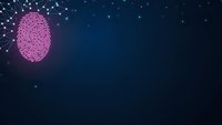 Digital fingerprint scan with pink neon glow on dark blue background with connected dots network for cybersecurity and biometric authentication technology.