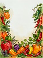 Colorful hand-drawn vegetables frame with peppers, tomatoes, and cucumbers on cream background. Botanical illustration suitable for recipe cards, menus, kitchen decor, and culinary designs.