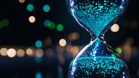 Glowing digital particles flow through hourglass against blurred bokeh lights, symbolizing time management and technology transformation in modern era.