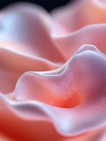 Soft flowing waves in coral pink and lavender create an ethereal abstract background with delicate sparkles and gentle gradients. Suitable for luxury beauty products.
