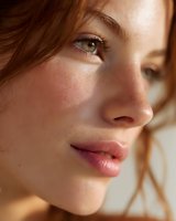 Close-up portrait of young Caucasian woman with natural makeup and freckles in warm golden sunlight for beauty and skincare campaigns.