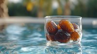 Fresh dates in clear glass bowl against swimming pool background with soft natural lighting and bokeh effect, creating luxurious summer mood.
