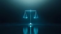Glowing blue scales of justice on dark background with reflection, symbolizing law, balance and legal system in modern minimalist style.