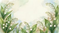 Watercolor lily of the valley floral border with white bell flowers and green leaves on soft pastel background with copy space.