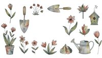 Watercolor gardening elements set with flowers, tools, watering can, birdhouse and plants isolated on white background for spring design projects.