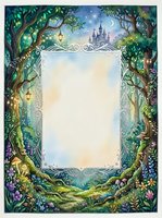 Enchanted forest frame with ornate border, fairy tale castle, magical lanterns and flowers. Fantasy storybook template for invitations and designs.