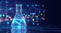 Digital laboratory flask with glowing blue liquid and network connections on futuristic technology background for scientific research and innovation concepts.