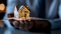 Glowing miniature house held in dark-skinned hands against blurred background, warm holiday lights create magical atmosphere for real estate or Christmas concepts.