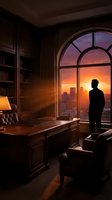 Silhouetted male professional in dark business suit standing at large arched window overlooking golden sunset cityscape from luxury high-rise office. Wooden desk, leather furniture, and bookshelf create executive workspace atmosphere for corporate, leadership, and success concepts.