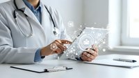 Doctor using digital tablet with medical network icons and connectivity symbols for modern healthcare technology and telemedicine applications.