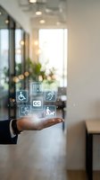 Businessman hand holding digital accessibility icons including wheelchair, closed captions, hearing aid, and inclusive symbols in modern office environment for inclusive design and universal access.
