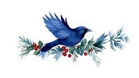 Watercolor blue bird perched on winter branch with red berries and green leaves isolated on white background for holiday designs and seasonal decorations.