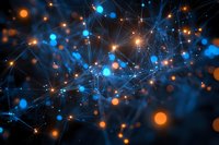 Abstract network of glowing blue and orange light points connected by thin lines on dark background, representing digital connectivity.