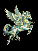 Ornate winged horse with gold and teal decorative details, isolated on transparent background. Ready for t-shirts, stickers, clipart, sublimation, and print-on-demand designs.