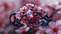 Delicate pink cherry blossoms in full bloom with dark branches, captured in soft focus macro photography showing intricate floral details and morning dew drops.