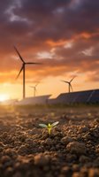Small green plant seedling emerging from soil with wind turbines and solar panels at sunset representing renewable energy and environmental growth.