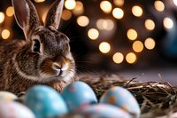 Brown bunny rabbit with Easter eggs in blue and pastel colors on natural hay nest against blurred golden bokeh lights background creating festive holiday atmosphere.