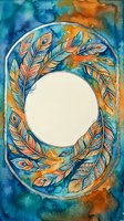 Watercolor feather wreath frame with bohemian tribal patterns on blue orange background. Decorative circular border for text, invitations, greeting cards.