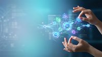 Human hands holding glowing digital network connections with icons representing technology, communication and data transfer on blue background.
