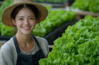 Young Asian woman farmer in straw hat and overalls smiling while tending to fresh organic lettuce crops in greenhouse garden, representing sustainable agriculture.