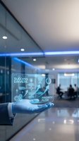 Business professional displaying holographic success drivers interface with digital icons and priority flow charts in modern office environment.