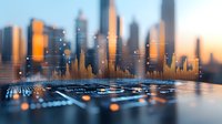 Futuristic financial data visualization with city skyline reflection showing market trends and stock analysis graphs in golden sunset light against urban backdrop.